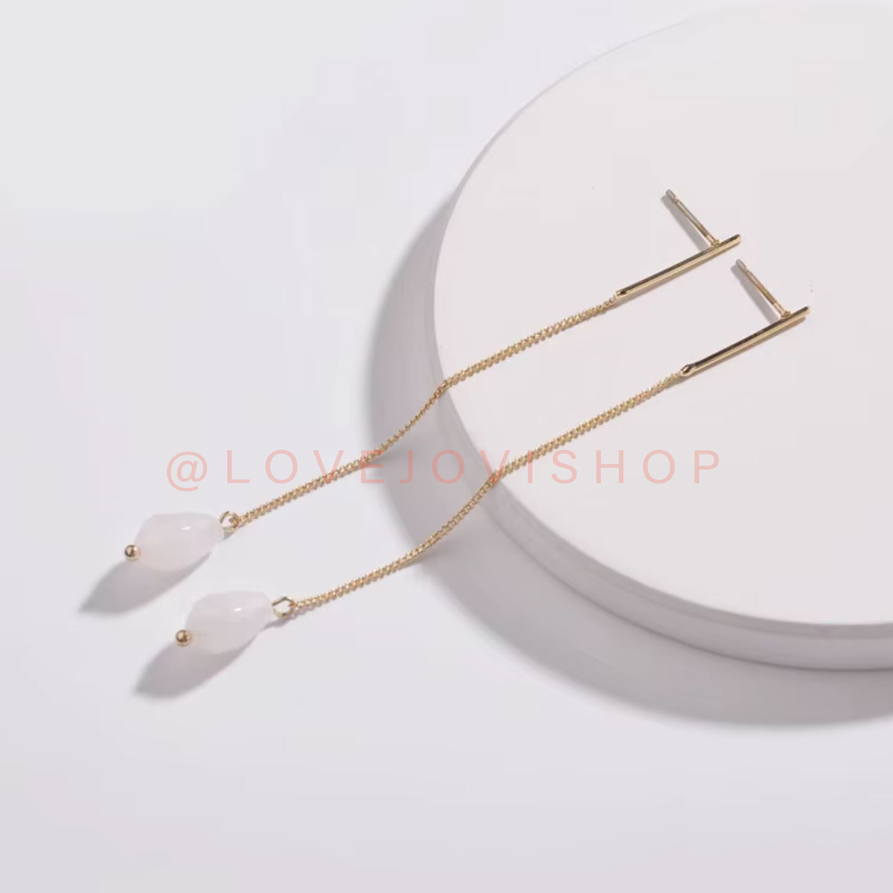Feminine | Elegant White Authentic Stone Threader Earrings Artisan Coastal